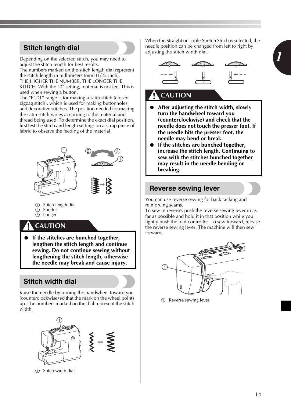 Stitch length dial, Stitch width dial, Reverse sewing lever | Caution | Brother SB530T User Manual | Page 15 / 104