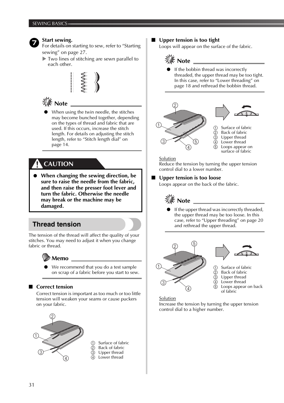Thread tension, Caution | Brother SB530T User Manual | Page 32 / 104