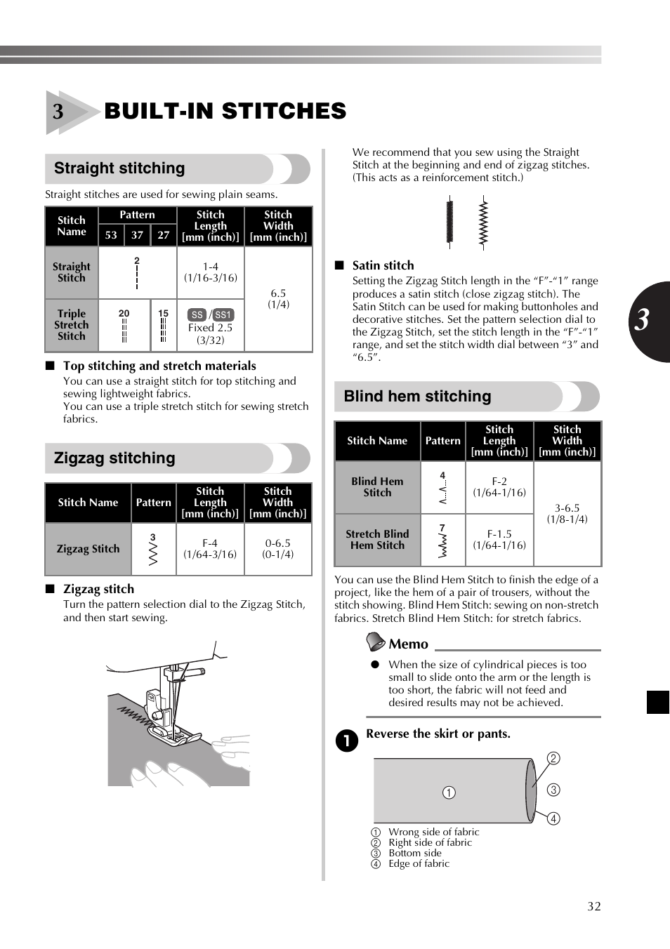 3built-in stitches, Straight stitching, Zigzag stitching | Blind hem stitching | Brother SB530T User Manual | Page 33 / 104