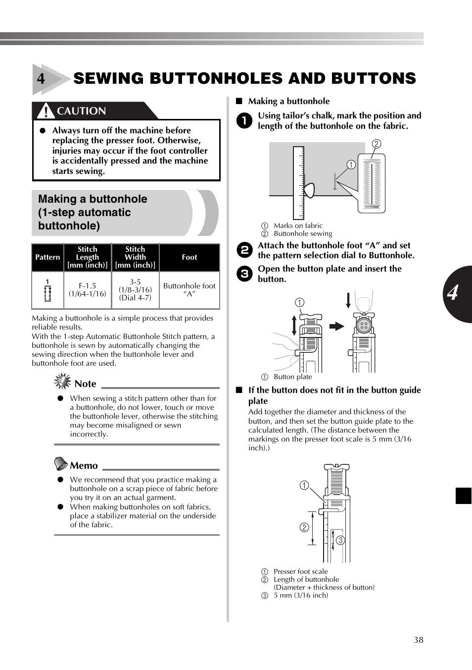 4sewing buttonholes and buttons, Making a buttonhole (1-step automatic buttonhole), Caution | Brother SB530T User Manual | Page 39 / 104
