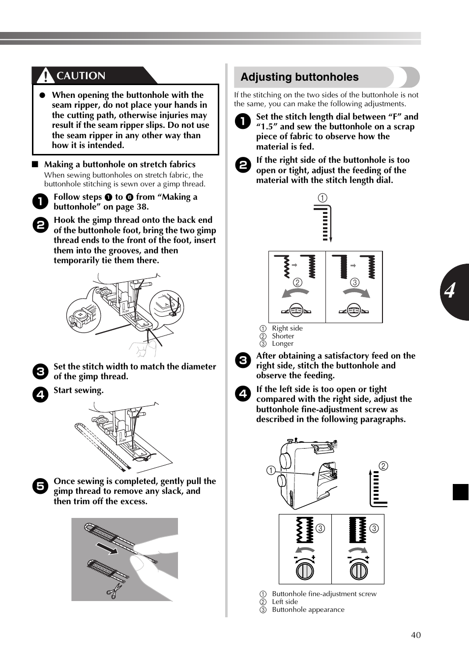 Adjusting buttonholes, Caution | Brother SB530T User Manual | Page 41 / 104
