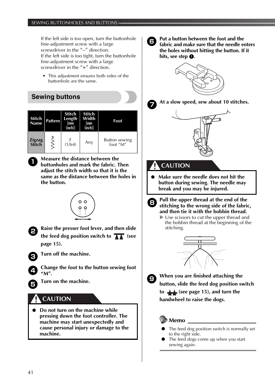 Sewing buttons, Caution | Brother SB530T User Manual | Page 42 / 104