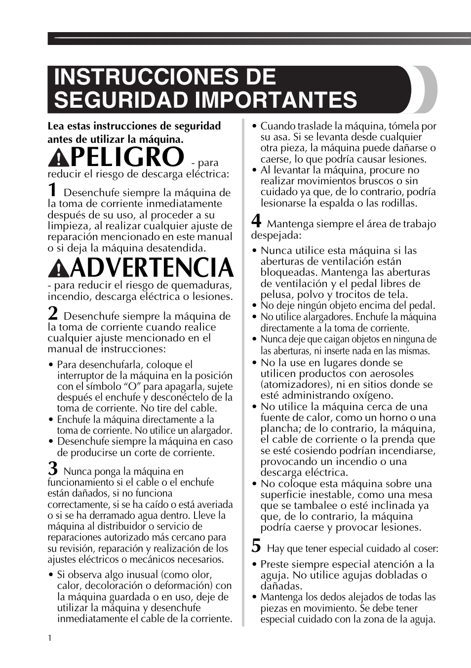 Peligro, Advertencia, Instrucciones de seguridad importantes | Para reducir el riesgo de descarga eléctrica | Brother SB530T User Manual | Page 52 / 104