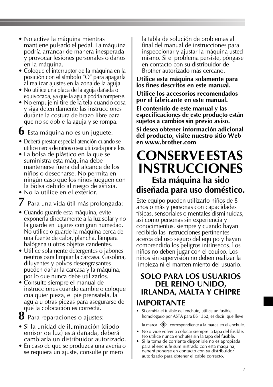 Conserve estas instrucciones, Esta máquina ha sido diseñada para uso doméstico | Brother SB530T User Manual | Page 53 / 104