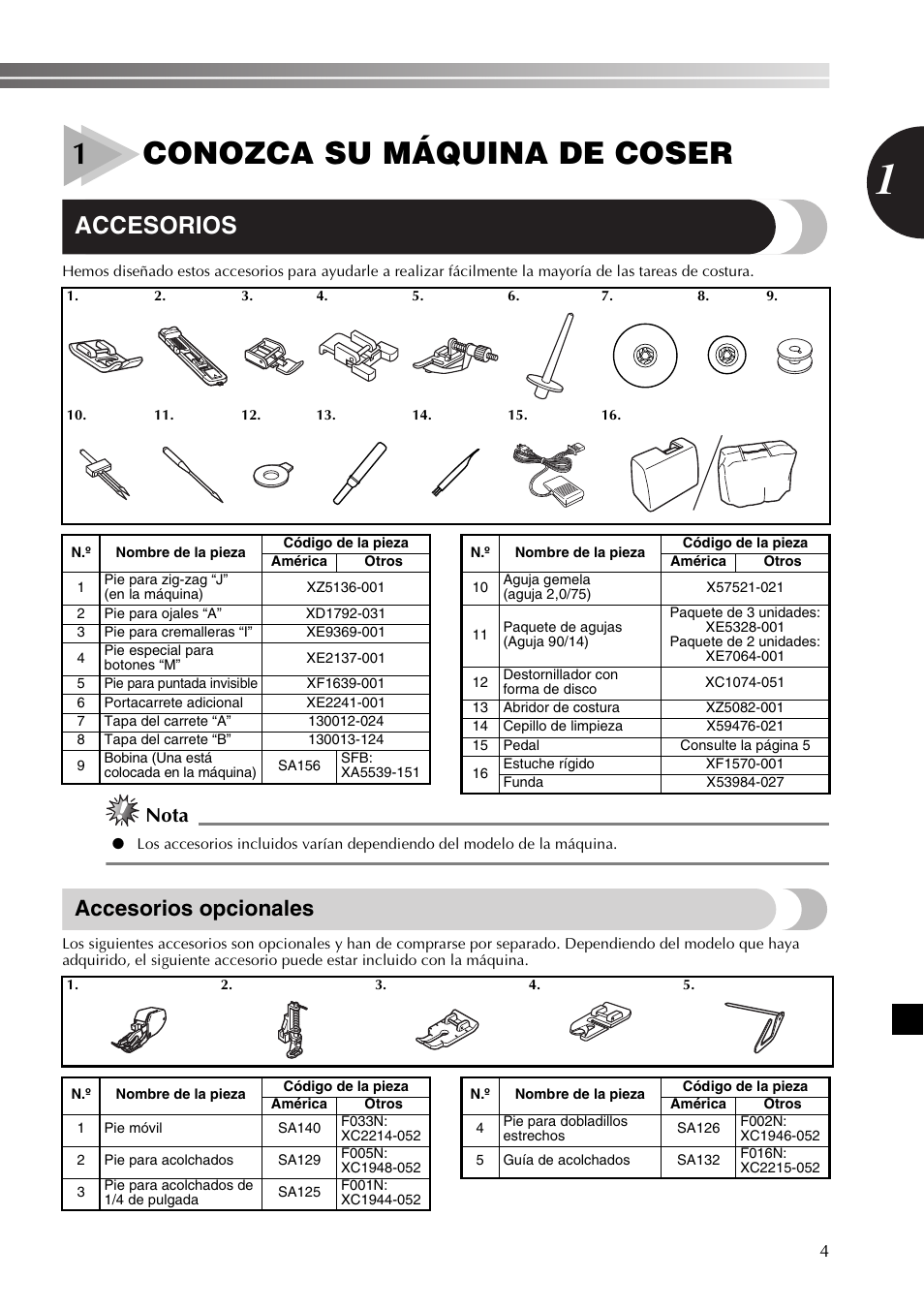 1conozca su máquina de coser, Accesorios, Accesorios opcionales | Nota | Brother SB530T User Manual | Page 55 / 104