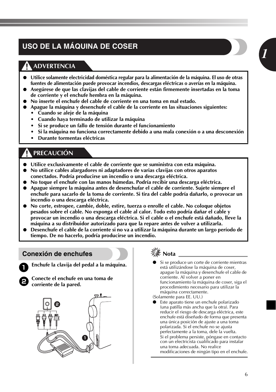 Uso de la máquina de coser, Conexión de enchufes, Advertencia precaución | Nota | Brother SB530T User Manual | Page 57 / 104