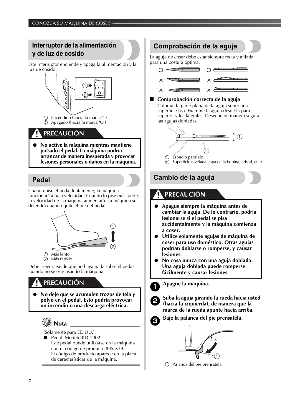 Interruptor de la alimentación y de luz de cosido, Pedal, Comprobación de la aguja | Cambio de la aguja, Precaución, Nota | Brother SB530T User Manual | Page 58 / 104