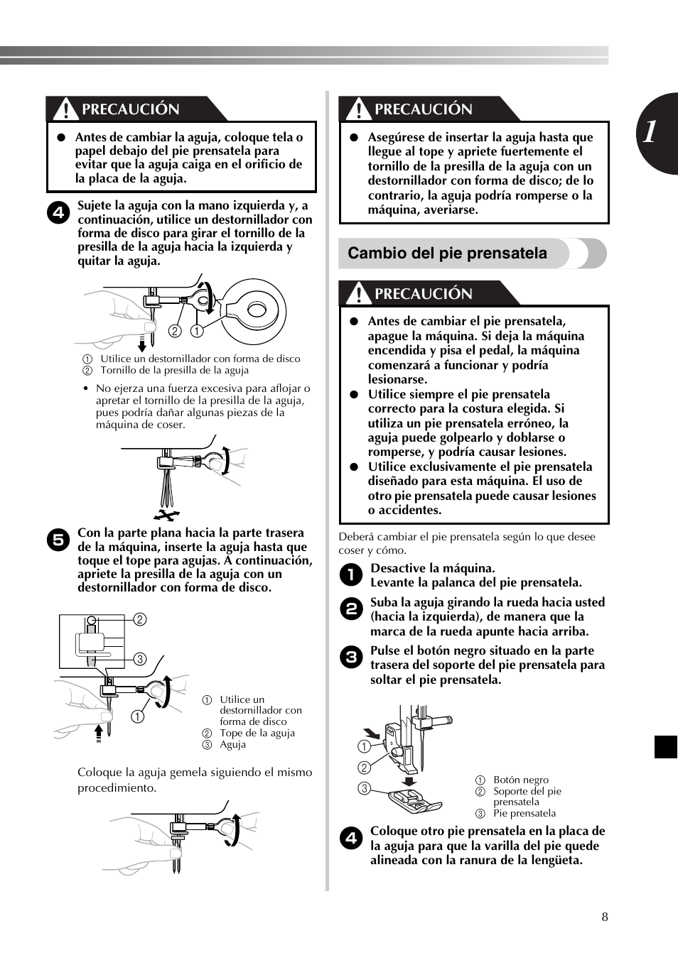 Cambio del pie prensatela, Precaución | Brother SB530T User Manual | Page 59 / 104