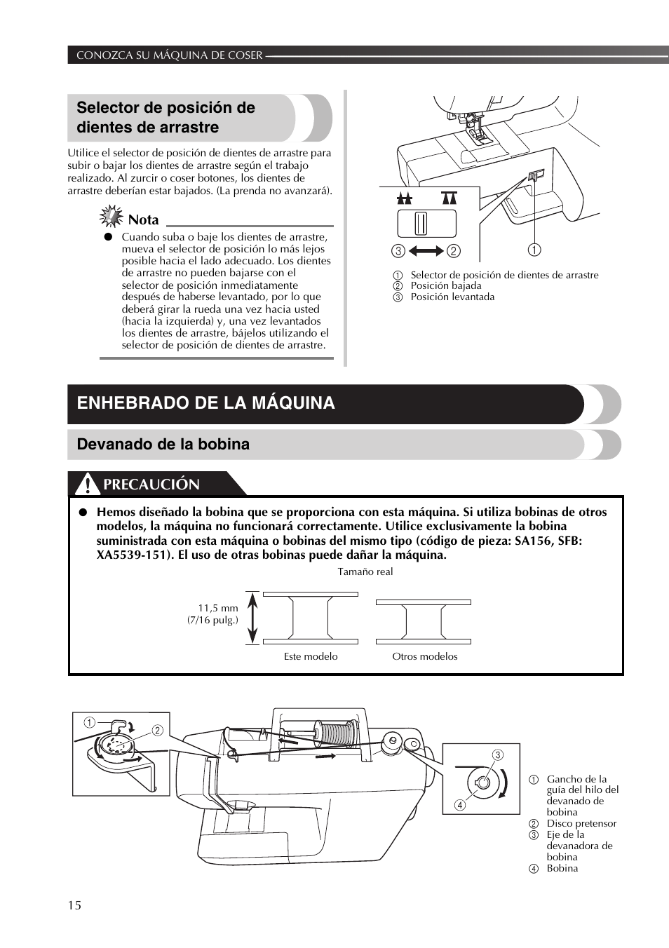 Enhebrado de la máquina, Selector de posición de dientes de arrastre, Devanado de la bobina | Precaución, Nota | Brother SB530T User Manual | Page 66 / 104