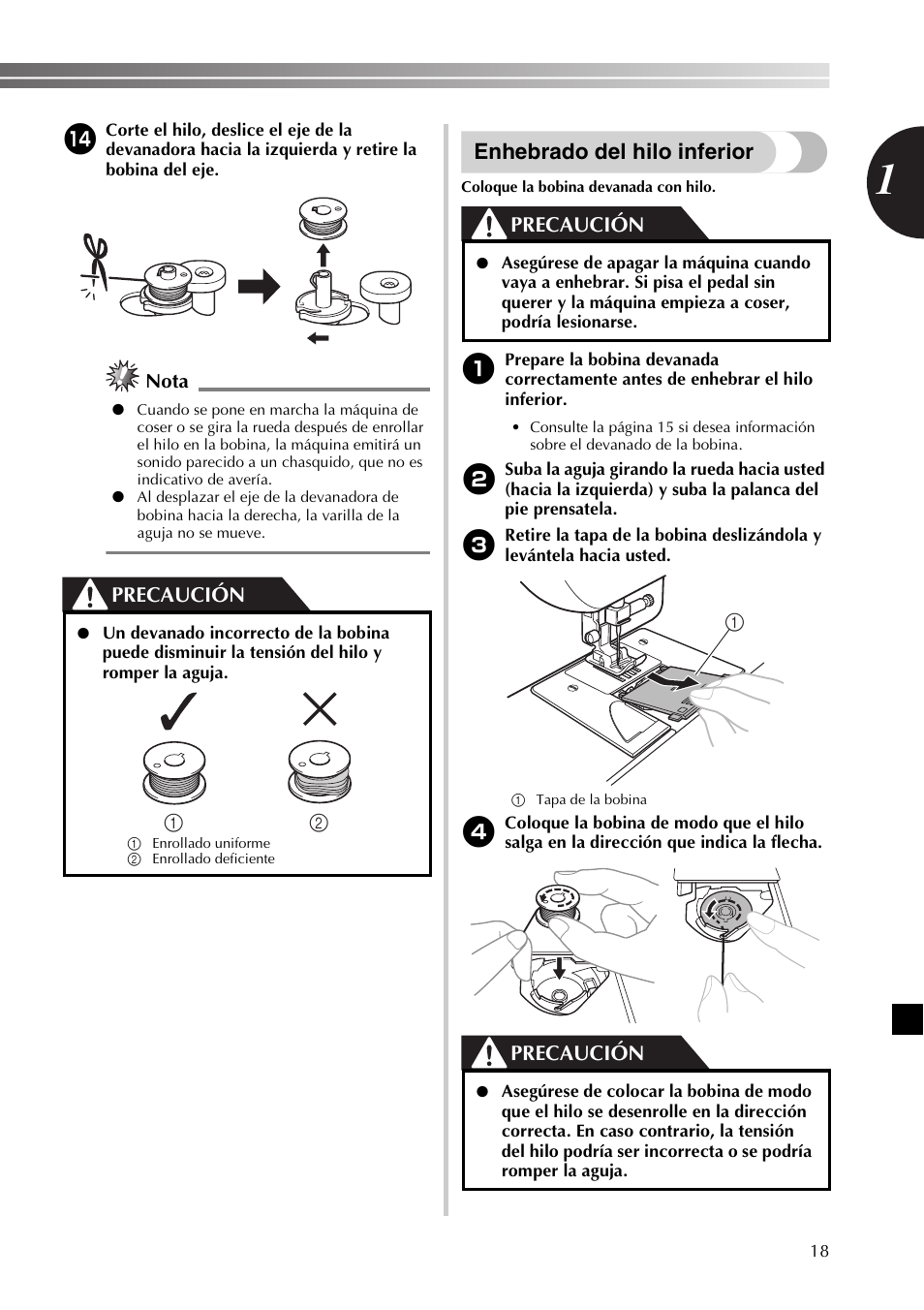 Enhebrado del hilo inferior, Precaución, Nota | Brother SB530T User Manual | Page 69 / 104
