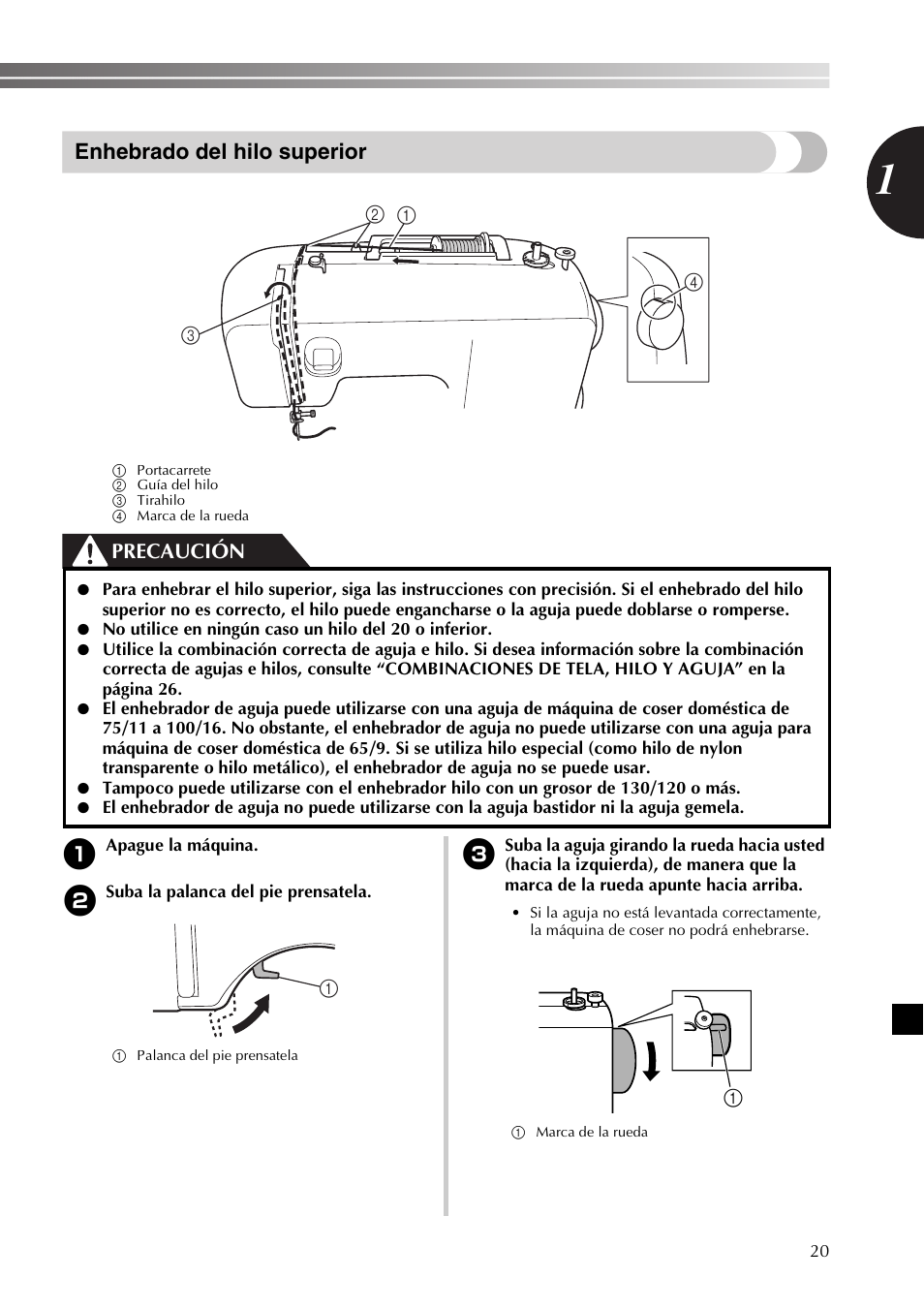 Enhebrado del hilo superior, Precaución | Brother SB530T User Manual | Page 71 / 104