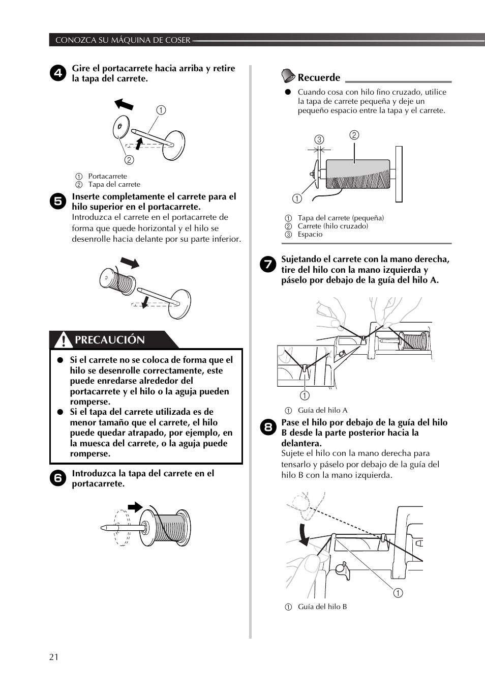 Precaución, Recuerde | Brother SB530T User Manual | Page 72 / 104