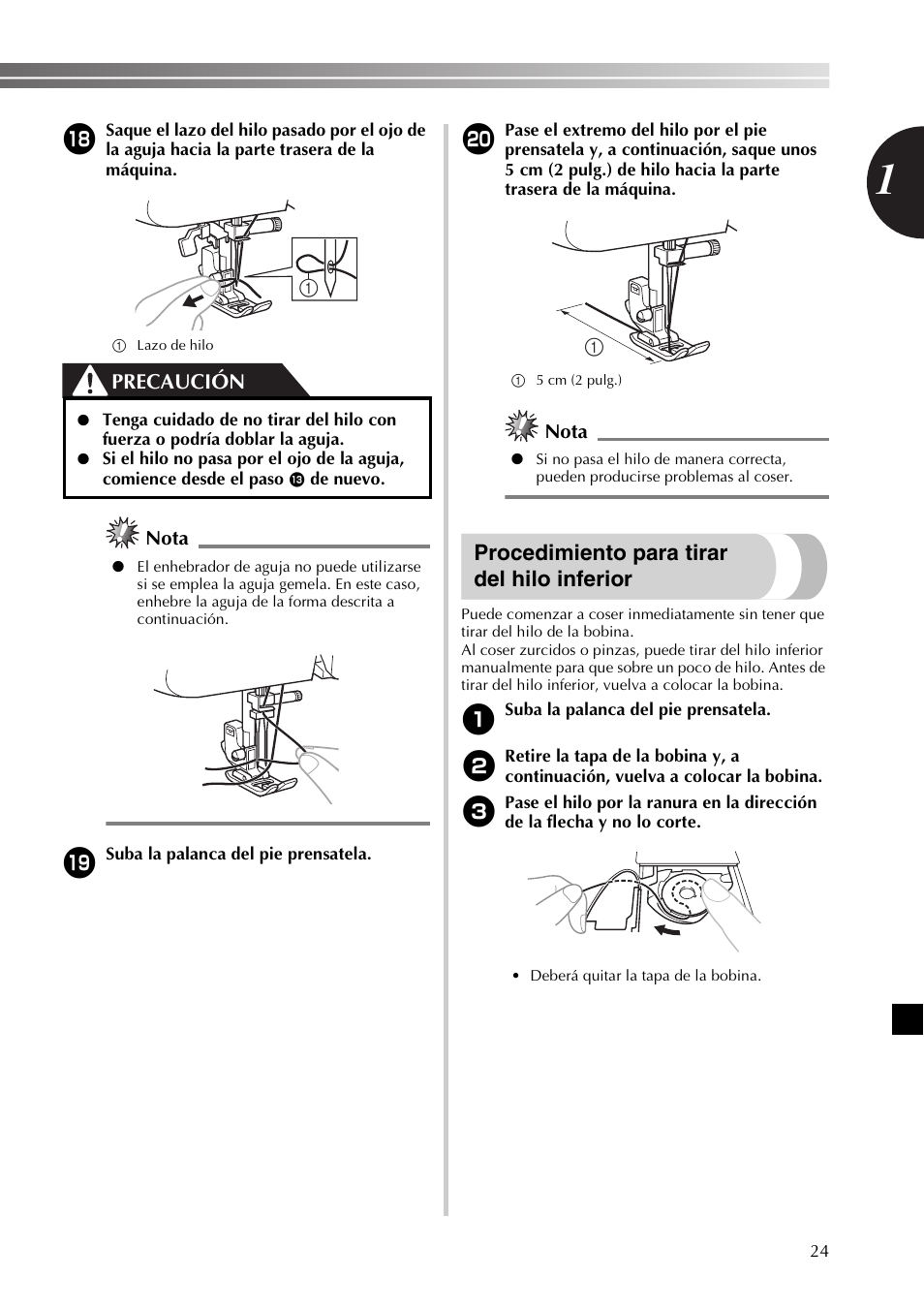 Procedimiento para tirar del hilo inferior, Precaución, Nota | Brother SB530T User Manual | Page 75 / 104