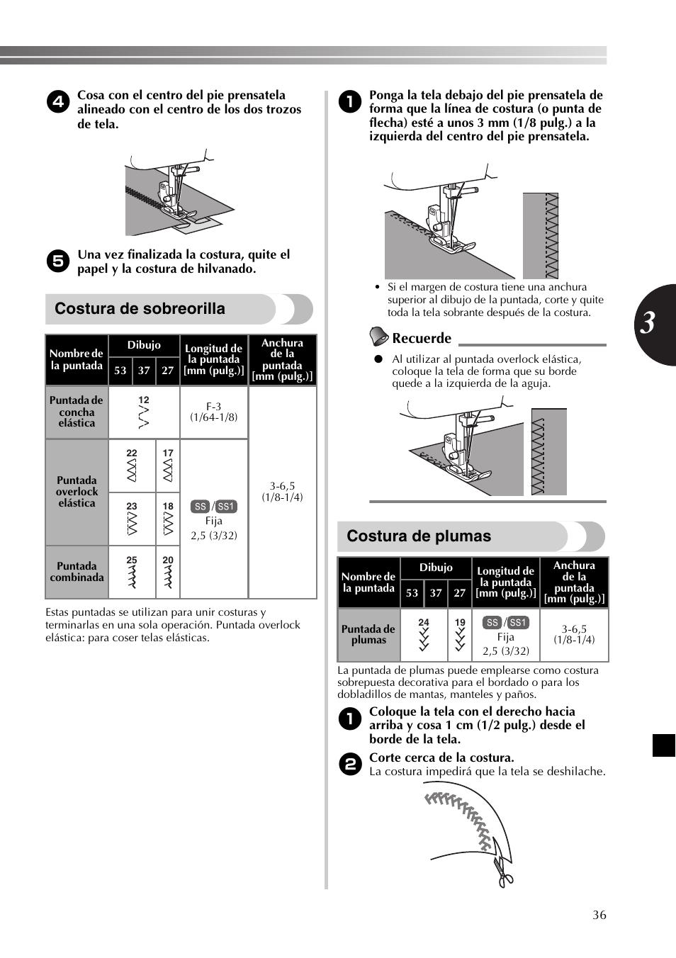 Costura de sobreorilla, Costura de plumas, Recuerde | Brother SB530T User Manual | Page 87 / 104