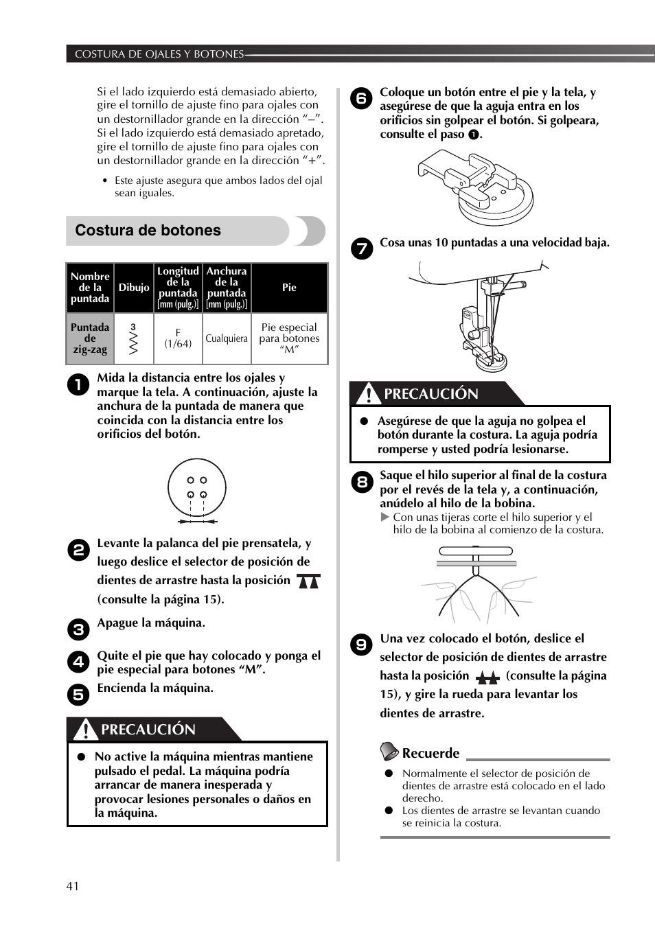 Costura de botones, Precaución, Recuerde | Brother SB530T User Manual | Page 92 / 104