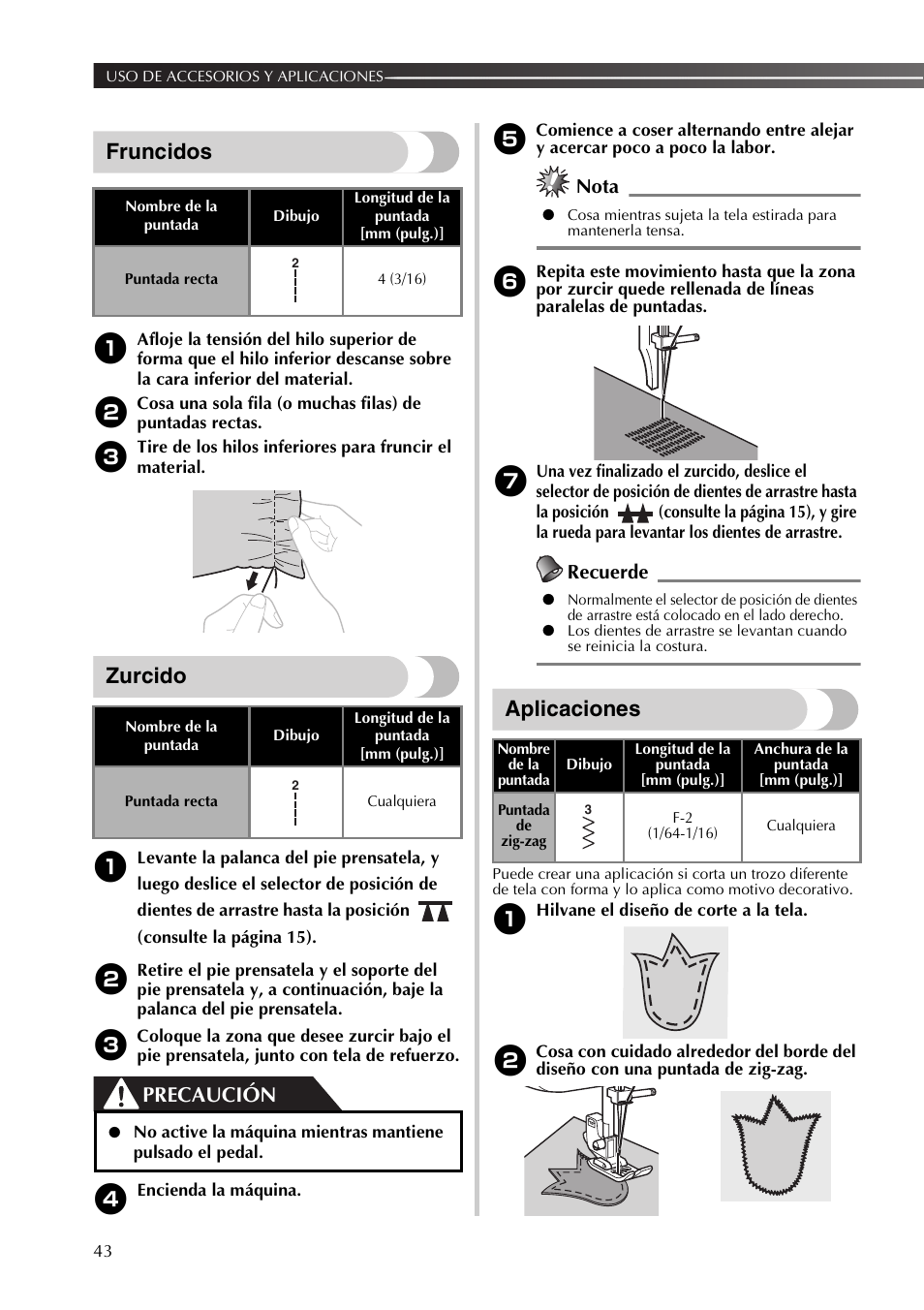 Fruncidos, Zurcido, Aplicaciones | Precaución, Nota, Recuerde | Brother SB530T User Manual | Page 94 / 104