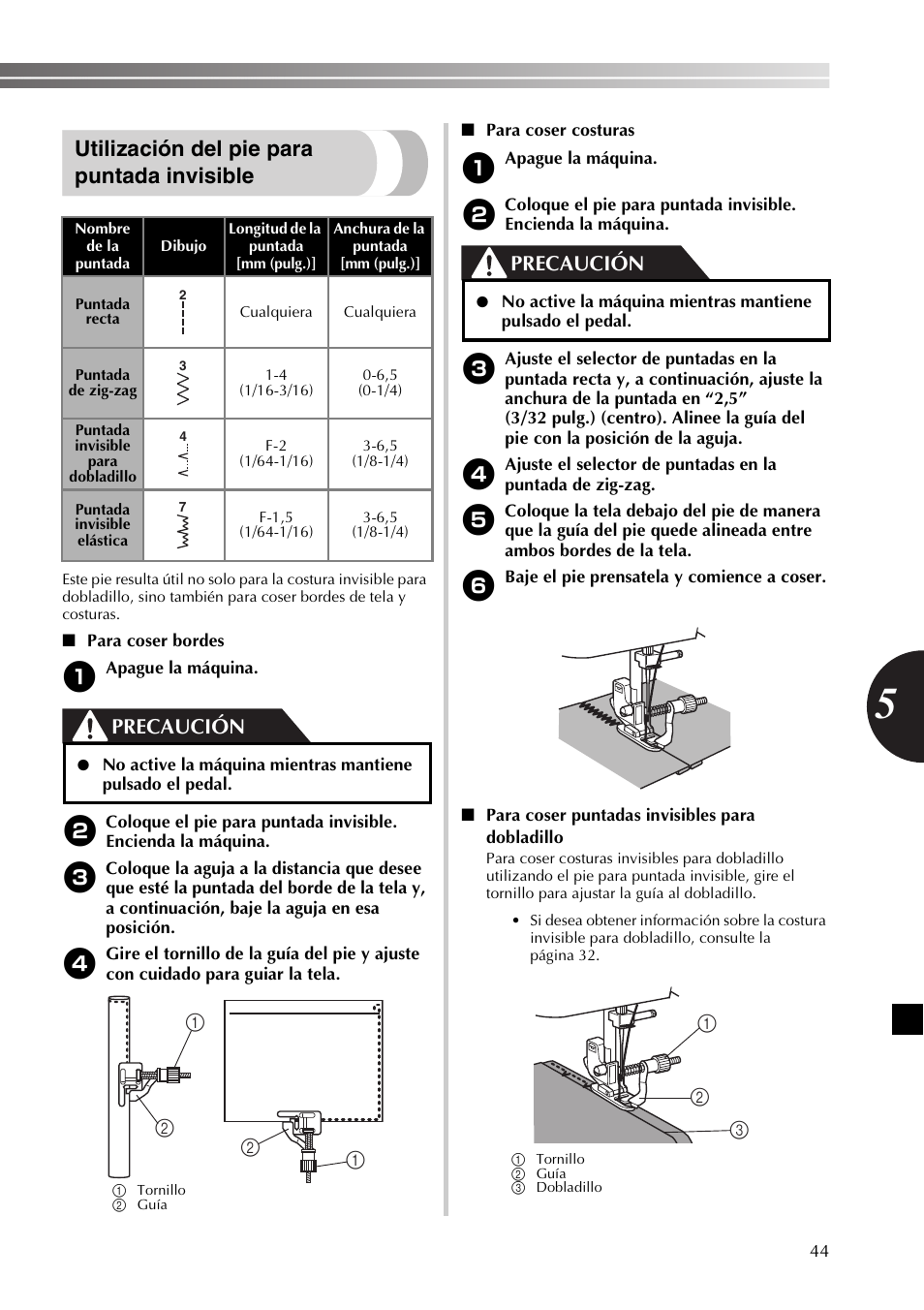 Utilización del pie para puntada invisible, Precaución | Brother SB530T User Manual | Page 95 / 104
