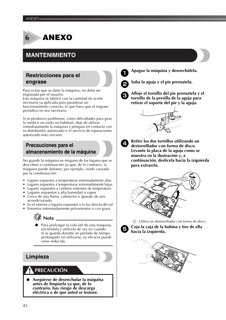 6anexo, Mantenimiento, Restricciones para el engrase | Precauciones para el almacenamiento de la máquina, Limpieza, Precaución, Nota | Brother SB530T User Manual | Page 96 / 104