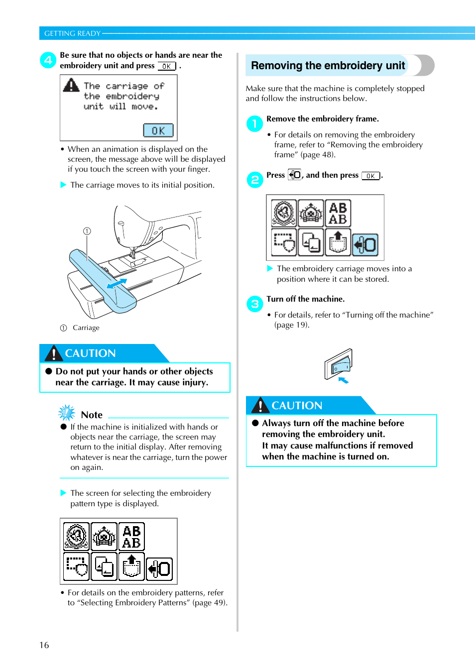 Caution, Removing the embroidery unit | Brother PE-770 User Manual | Page 18 / 88
