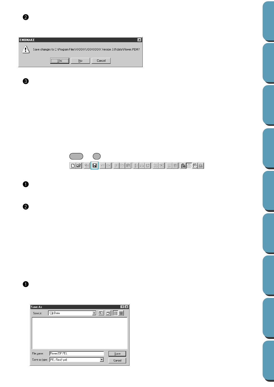Save, Save as, Save • save as | Ve” and “save as” in this section | Brother PE-DESIGN Ver.432 User Manual | Page 85 / 224