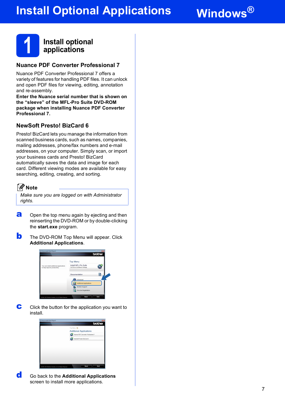 Install optional applications windows, 1 install optional applications, Windows | Install optional applications | Brother ADS-2000 User Manual | Page 7 / 12