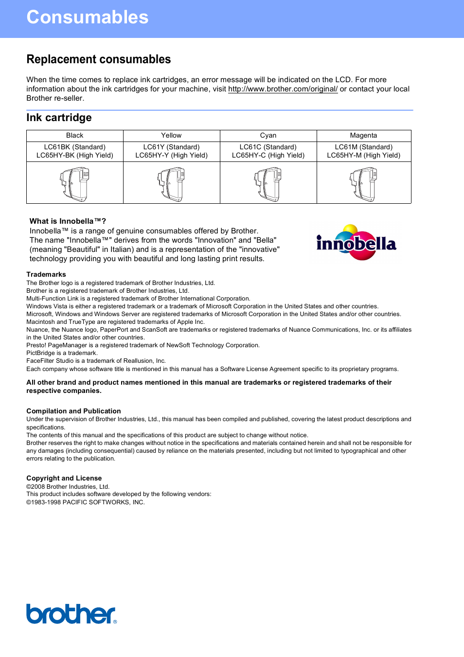 Consumables, Replacement consumables, Ink cartridge | Brother usa/can | Brother MFC-5890CN User Manual | Page 33 / 33