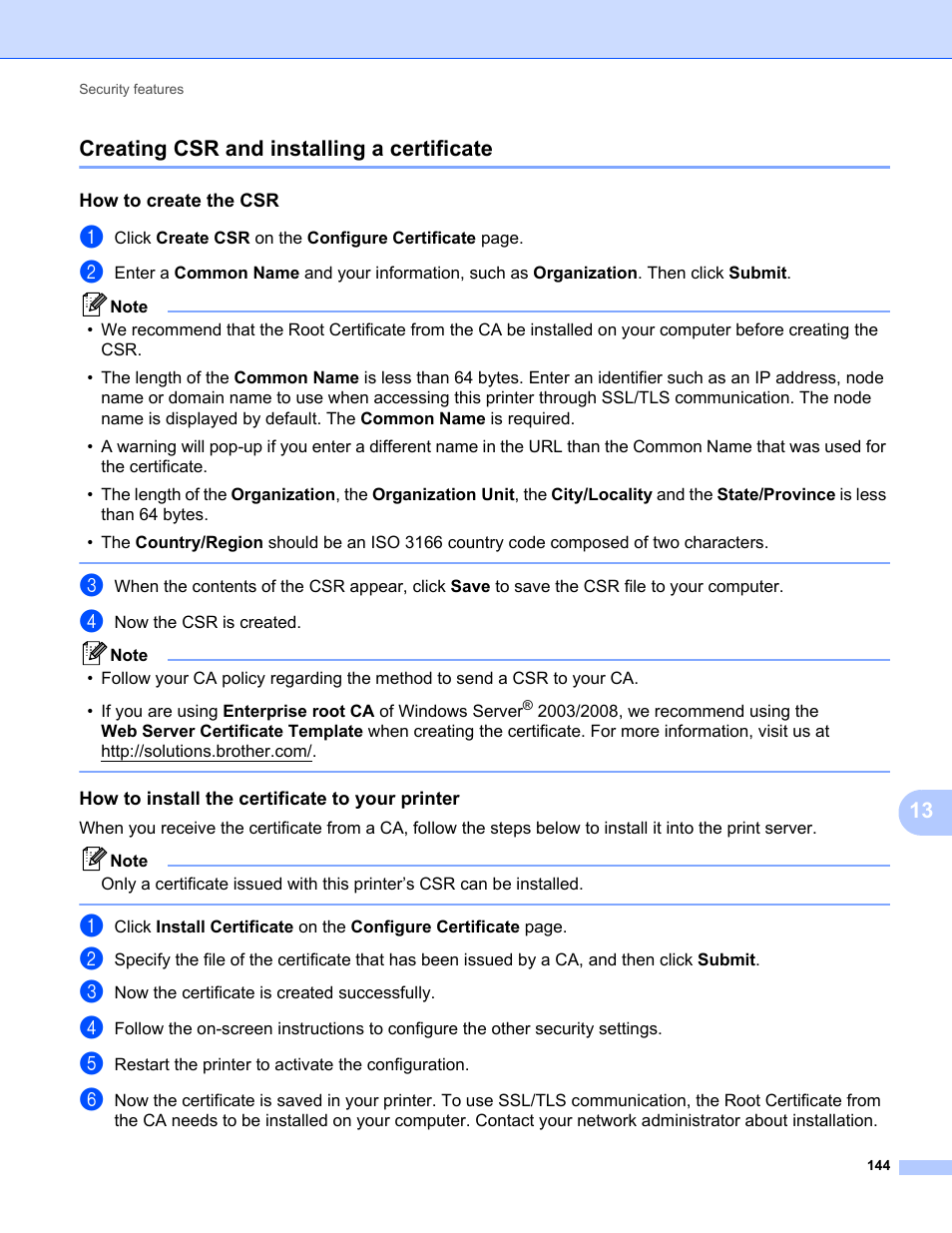 Creating csr and installing a certificate, How to create the csr, How to install the certificate to your printer | Creating csr and, 13 creating csr and installing a certificate | Brother MFC-9320CW User Manual | Page 155 / 203