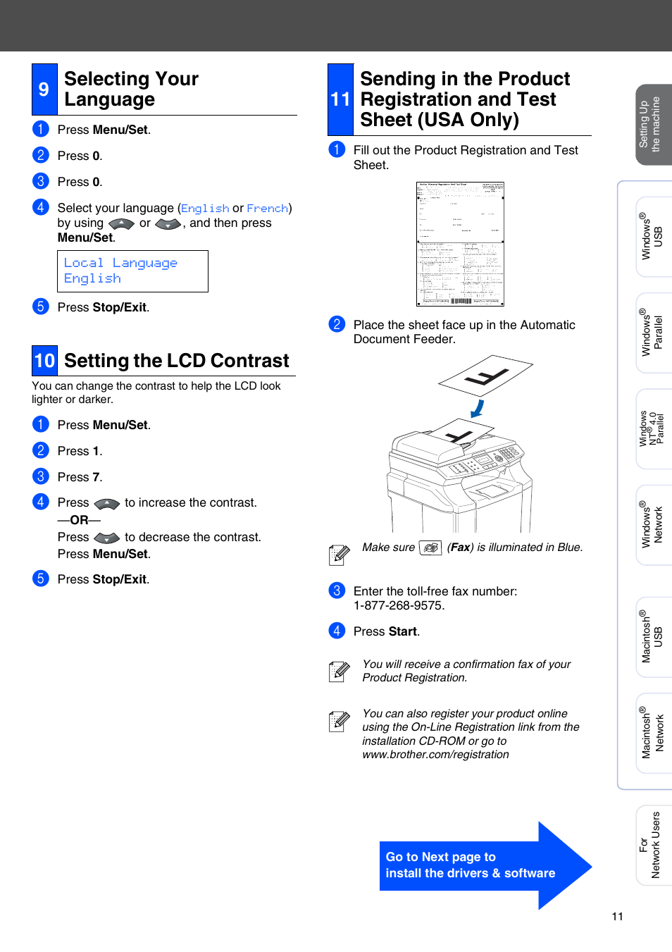 9 selecting your language, 10 setting the lcd contrast, Setting the lcd contrast | Selecting your language, 9selecting your language, Local language english | Brother MFC-9420CN User Manual | Page 13 / 40