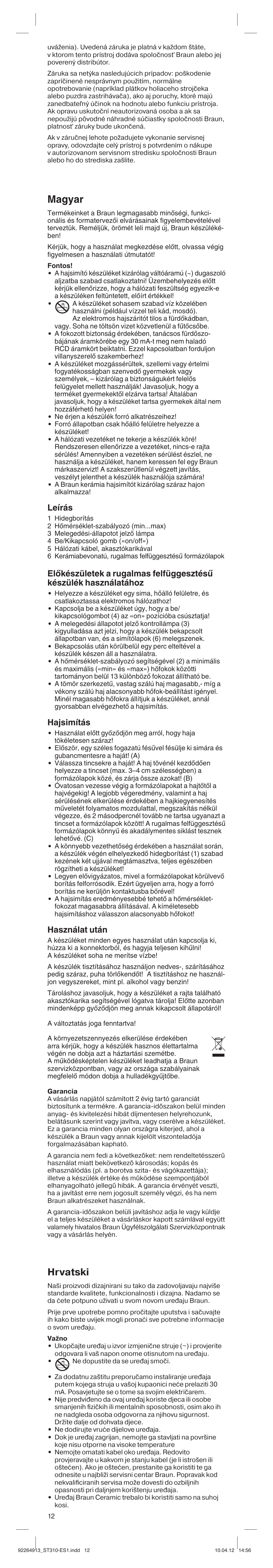 Magyar, Hrvatski, Leírás | Hajsimítás, Használat után | Braun ES1 Satin Hair 3 User Manual | Page 12 / 19