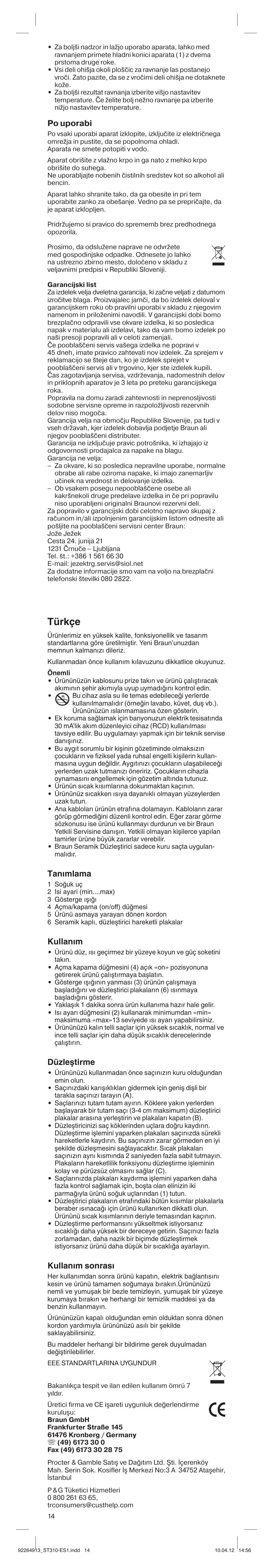 Türkçe, Po uporabi, Tan∂mlama | Kullan∂m, Düzleμtirme, Kullan∂m sonras | Braun ES1 Satin Hair 3 User Manual | Page 14 / 19