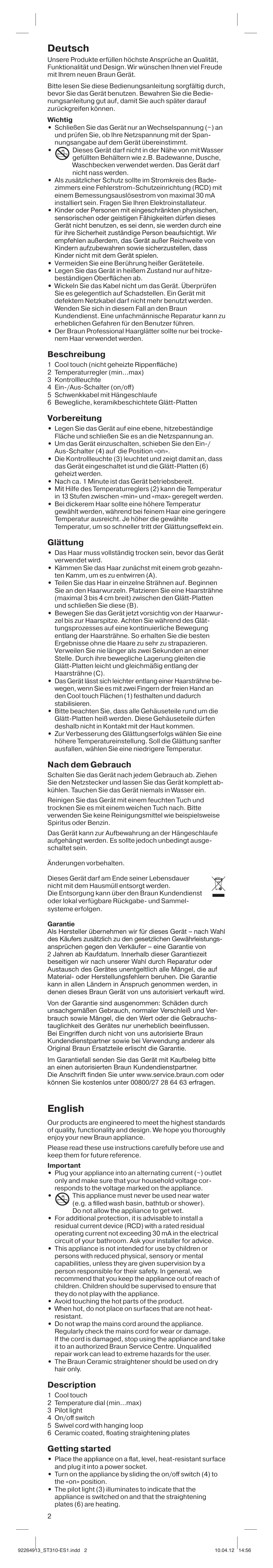 Deutsch, English, Beschreibung | Vorbereitung, Glättung, Nach dem gebrauch, Description, Getting started | Braun ES1 Satin Hair 3 User Manual | Page 2 / 19