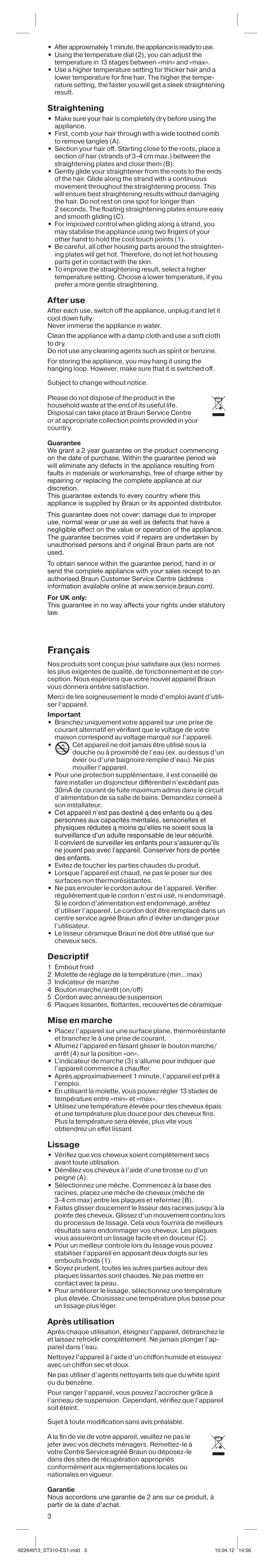 Français, Straightening, After use | Descriptif, Mise en marche, Lissage, Après utilisation | Braun ES1 Satin Hair 3 User Manual | Page 3 / 19