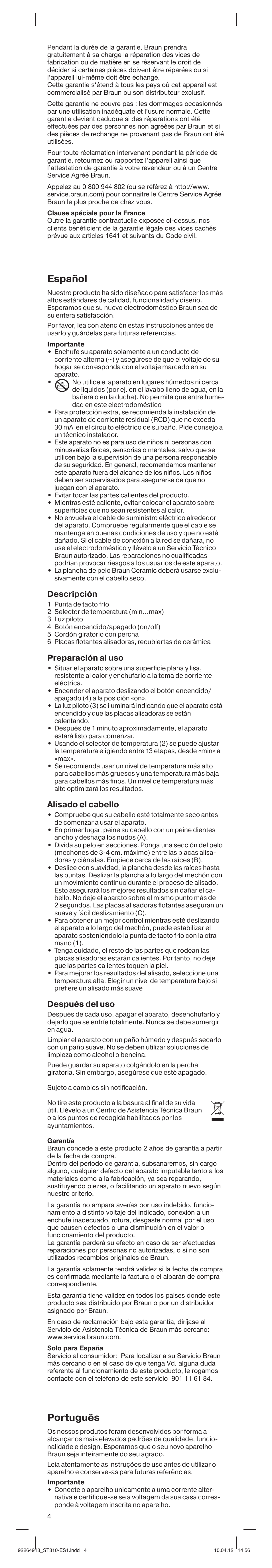 Español, Português, Descripción | Preparación al uso, Alisado el cabello, Después del uso | Braun ES1 Satin Hair 3 User Manual | Page 4 / 19