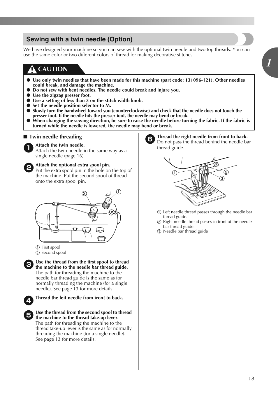 Sewing with a twin needle (option), Caution | Brother LS2250PRW User Manual | Page 19 / 96