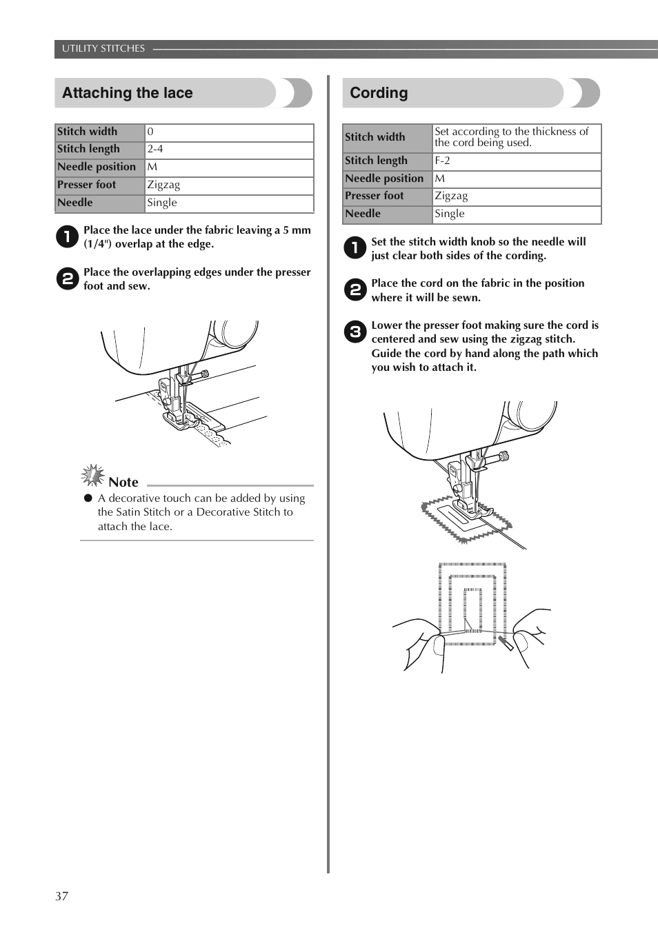 Attaching the lace, Cording | Brother LS2250PRW User Manual | Page 38 / 96