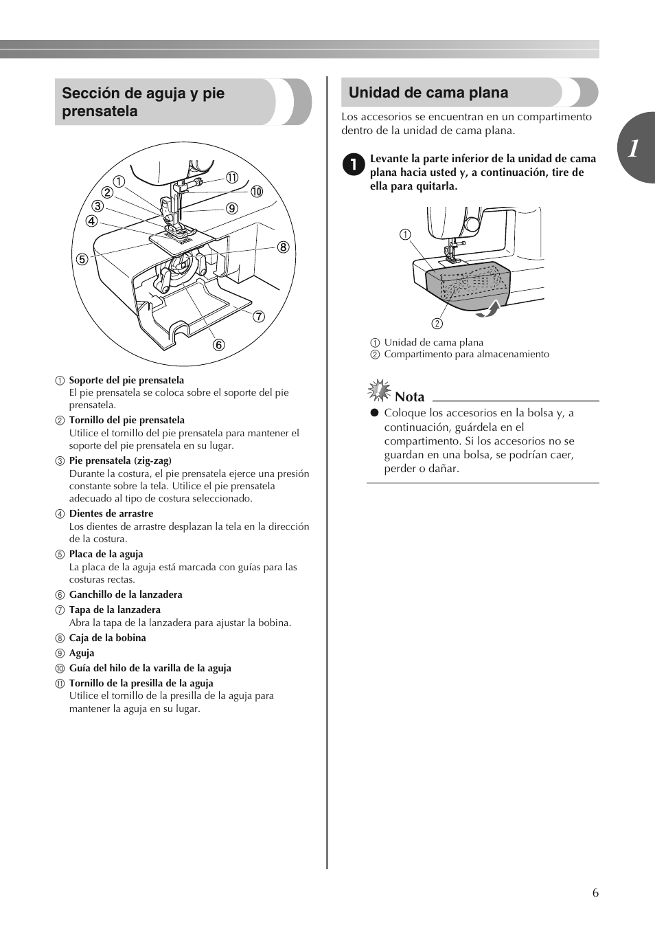 Sección de aguja y pie prensatela, Unidad de cama plana, Nota | Brother LS2250PRW User Manual | Page 55 / 96