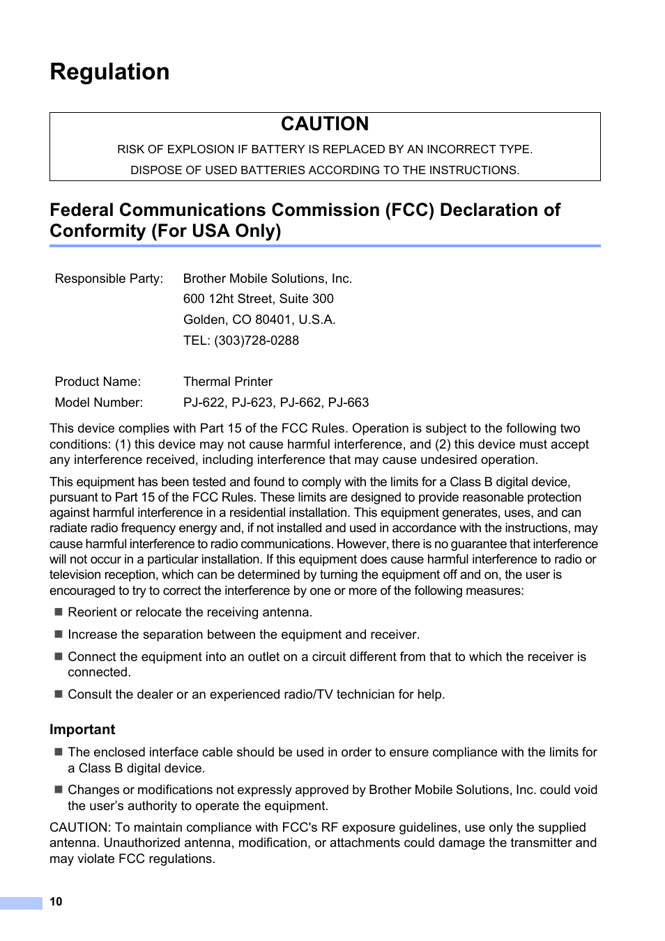 Regulation, Caution | Brother Pocket Jet6Plus PJ-623 User Manual | Page 11 / 13