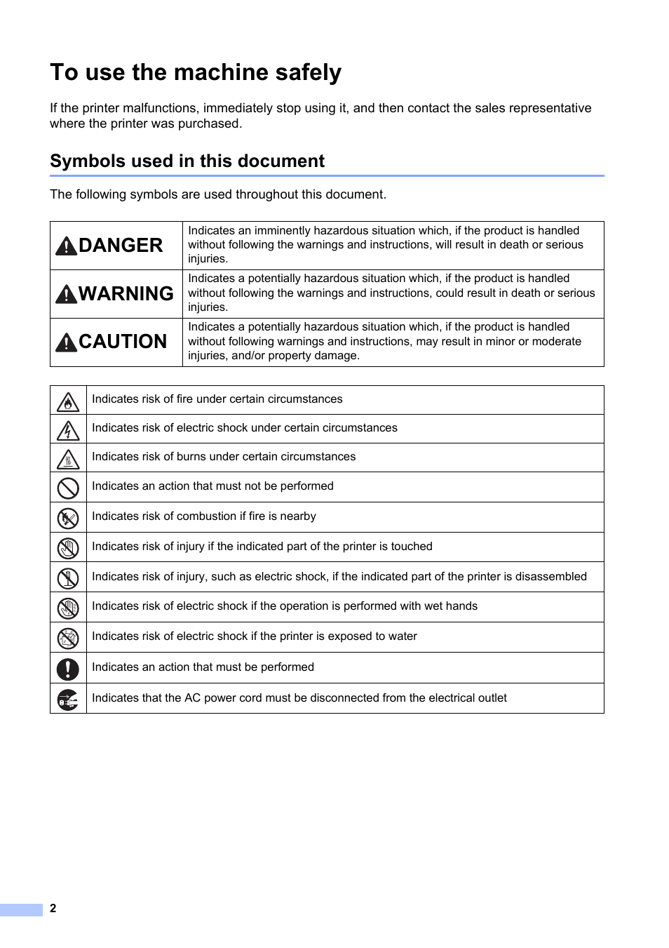 To use the machine safely, Symbols used in this document, Danger | Warning, Caution | Brother Pocket Jet6Plus PJ-623 User Manual | Page 3 / 13