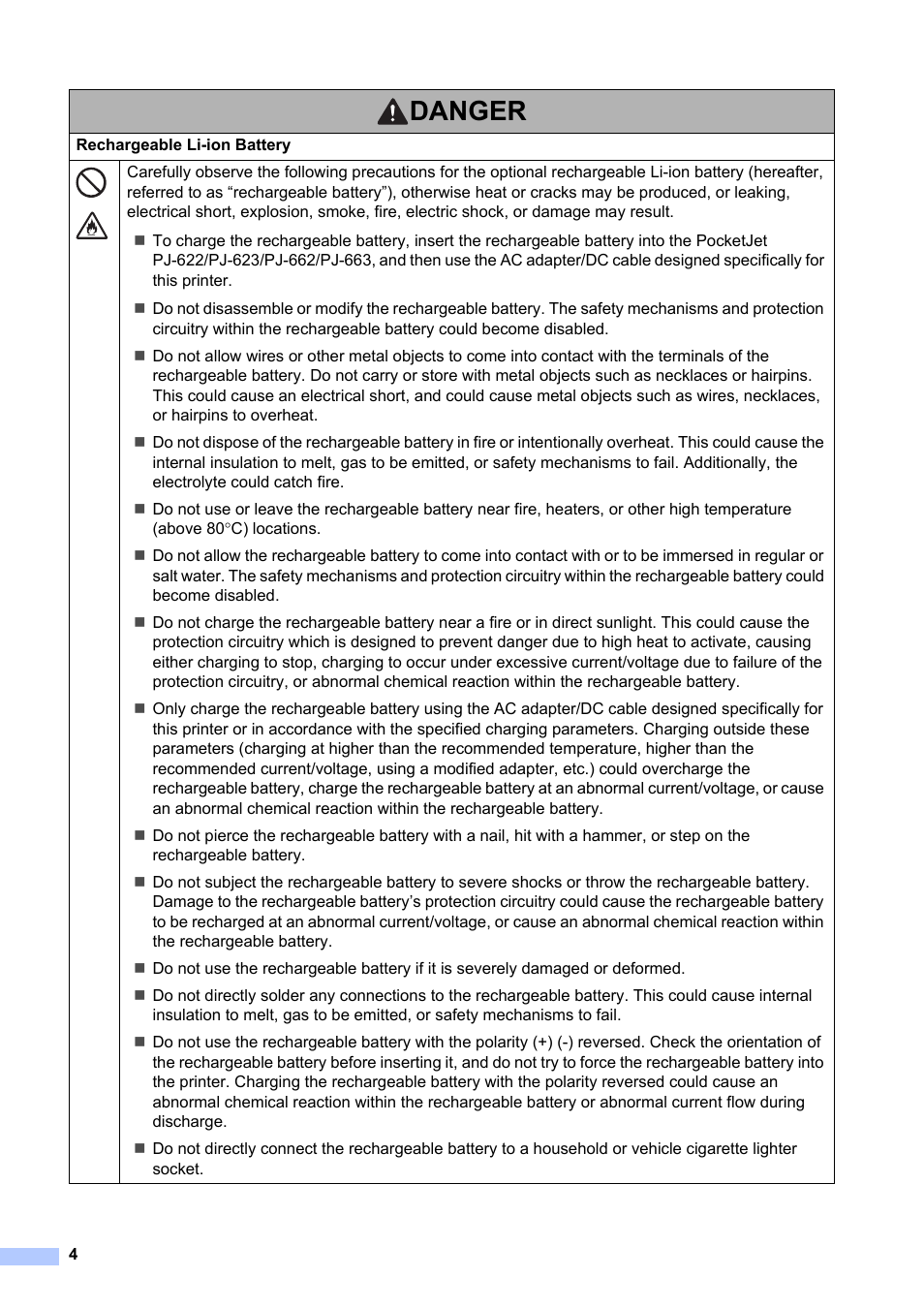 Danger | Brother Pocket Jet6Plus PJ-623 User Manual | Page 5 / 13
