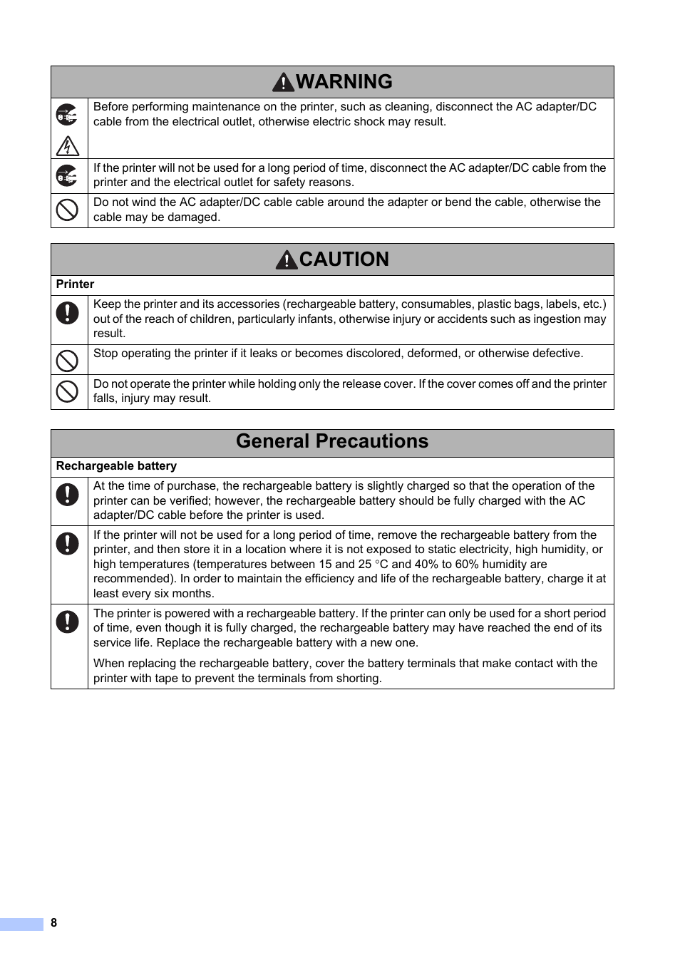 Caution, General precautions, Warning | Brother Pocket Jet6Plus PJ-623 User Manual | Page 9 / 13
