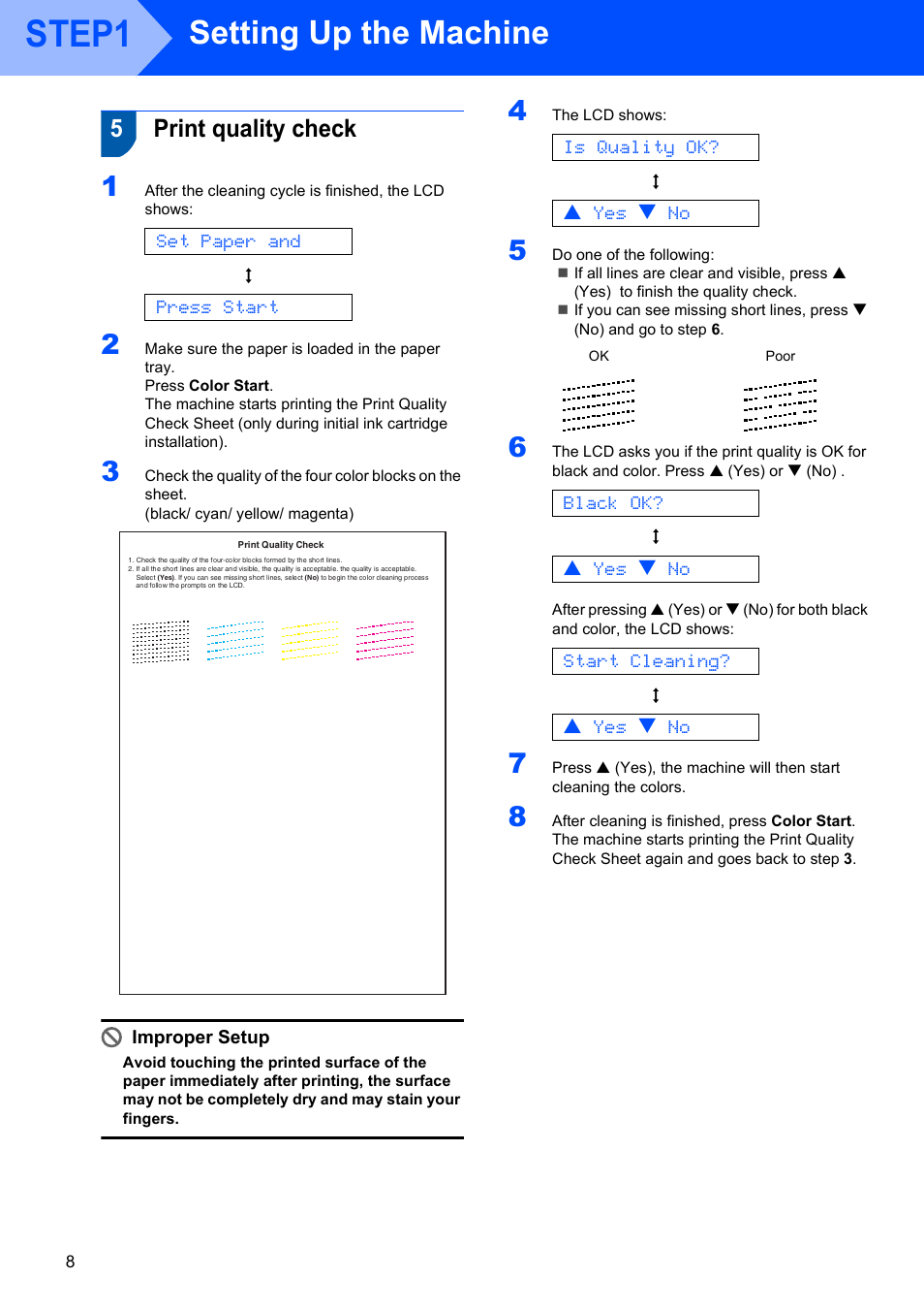5 print quality check, Print quality check, Step1 | Setting up the machine, 5print quality check, Set paper and, Press start, Is quality ok, A yes b no, Black ok | Brother DCP-120C User Manual | Page 10 / 24