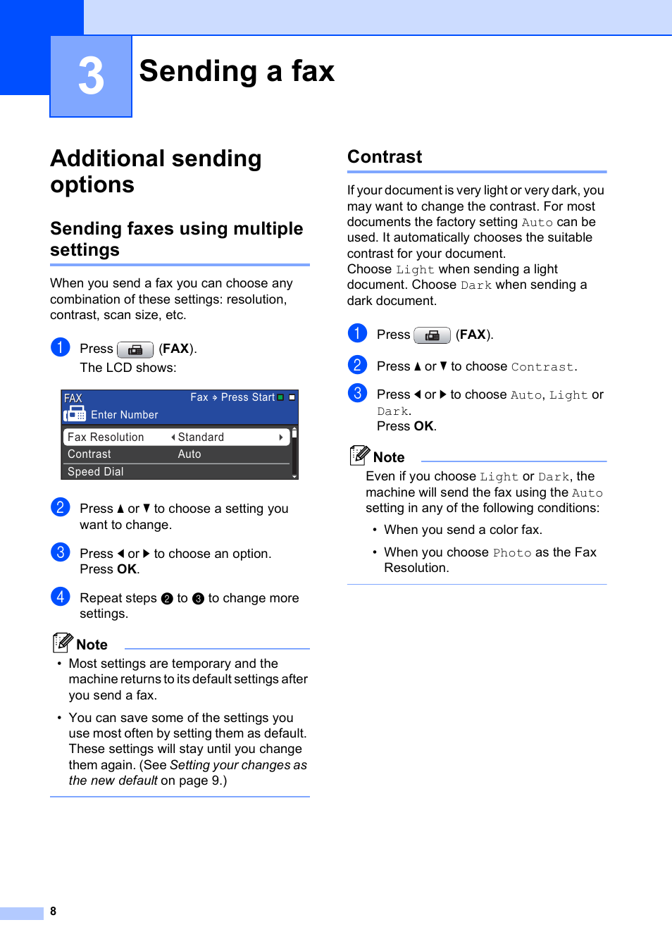 3 sending a fax, Additional sending options, Sending faxes using multiple settings | Contrast, Sending a fax, Sending faxes using multiple settings contrast | Brother MFC-J615W User Manual | Page 14 / 79