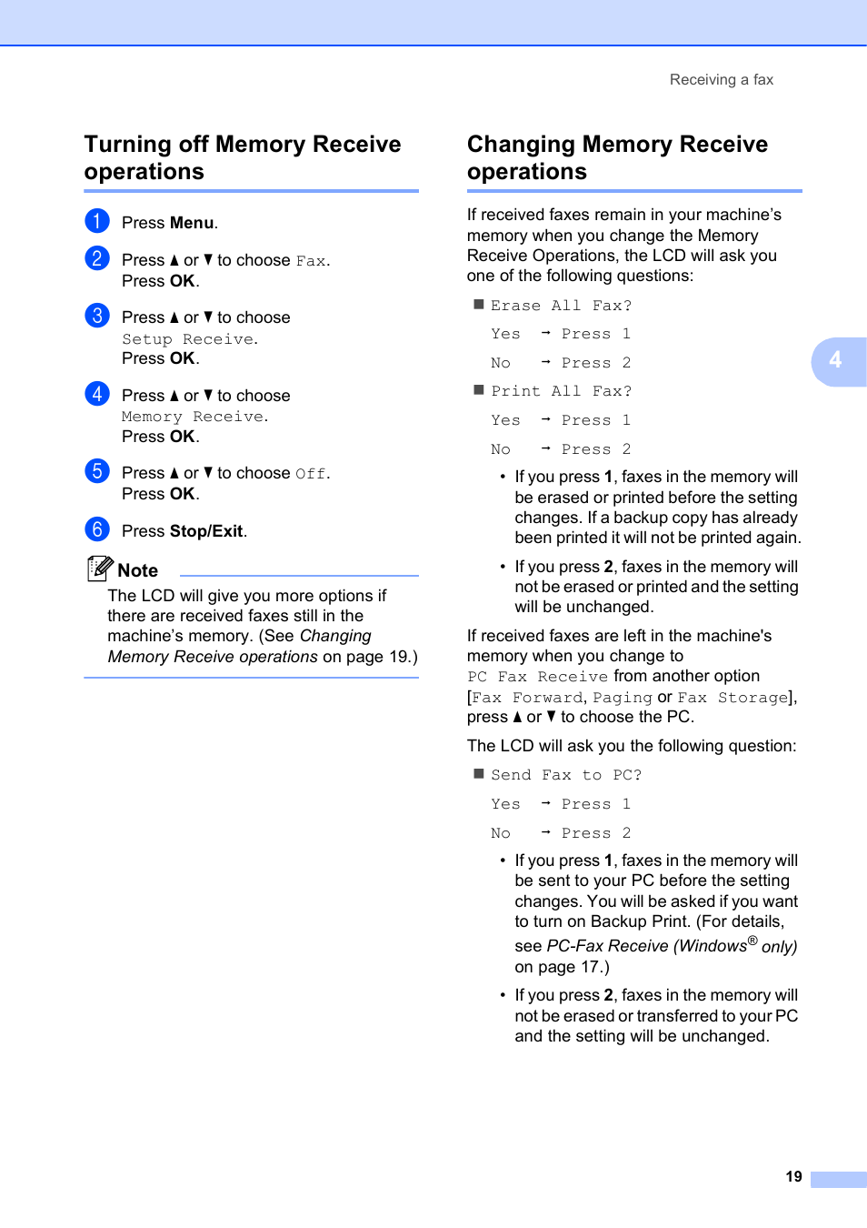 Turning off memory receive operations, Changing memory receive operations | Brother MFC-J615W User Manual | Page 25 / 79