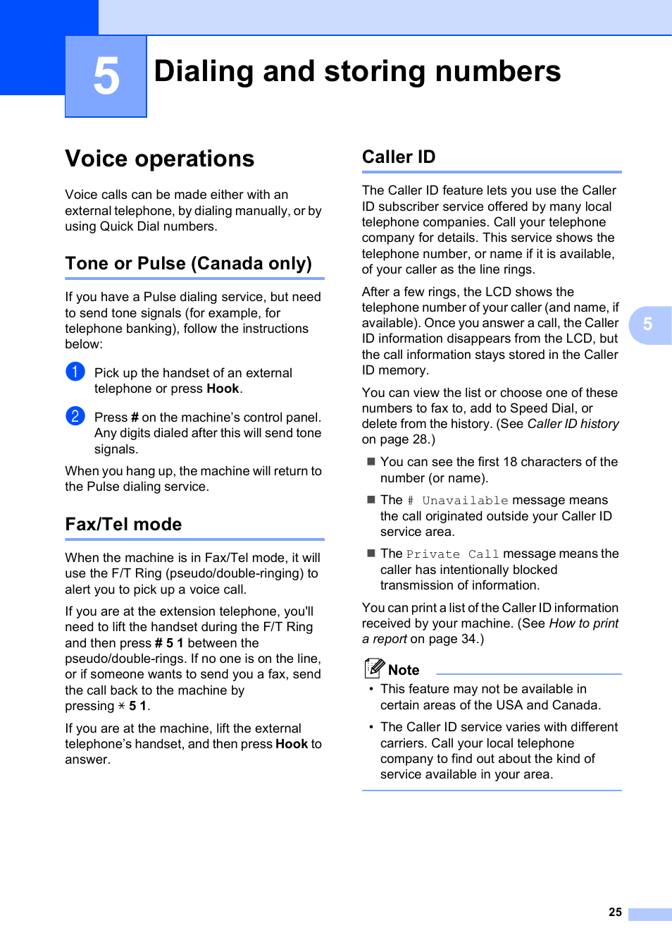 5 dialing and storing numbers, Voice operations, Tone or pulse (canada only) | Fax/tel mode, Caller id, Dialing and storing numbers, Tone or pulse (canada only) fax/tel mode caller id | Brother MFC-J615W User Manual | Page 31 / 79