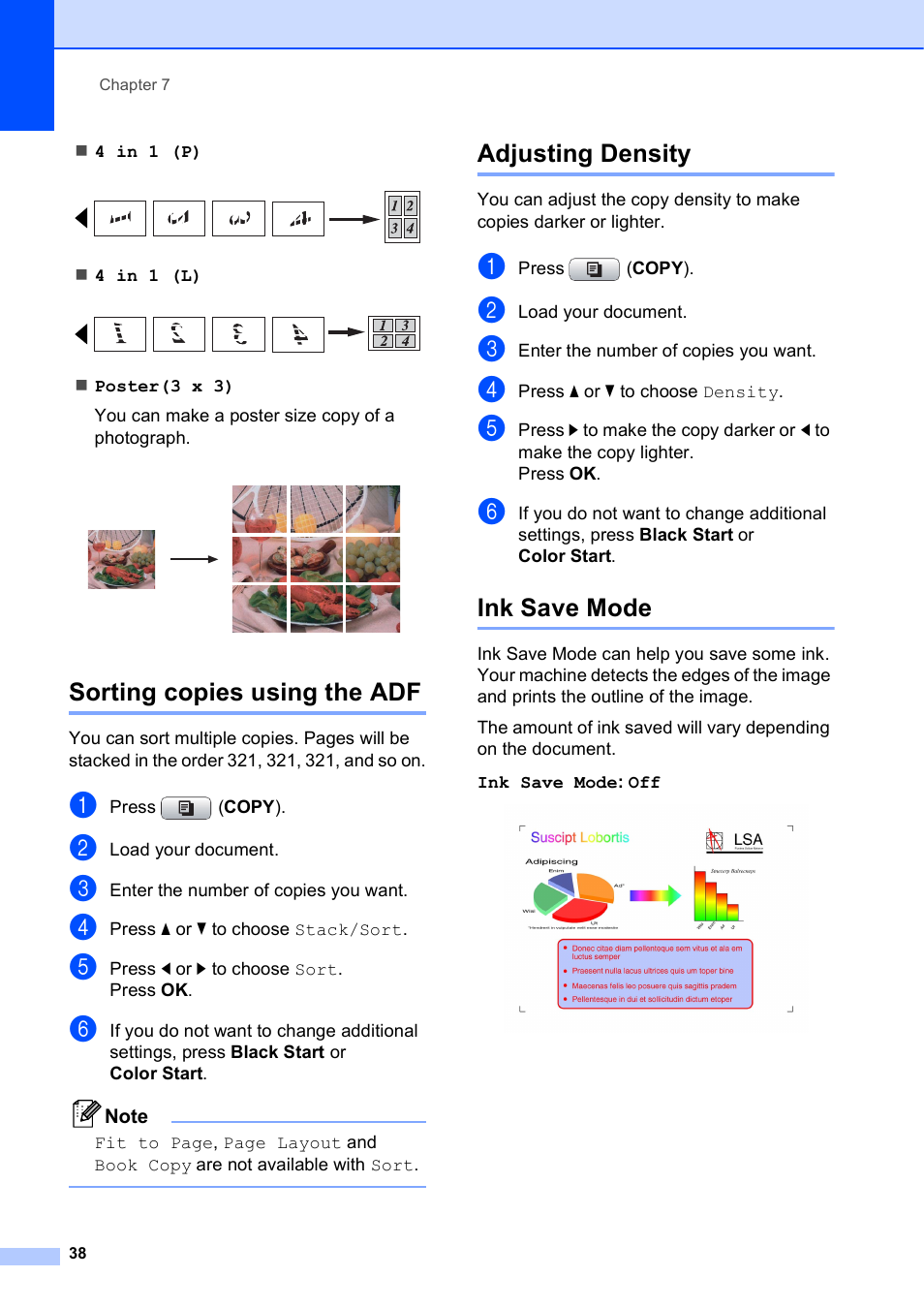 Sorting copies using the adf, Adjusting density, Ink save mode | Brother MFC-J615W User Manual | Page 44 / 79