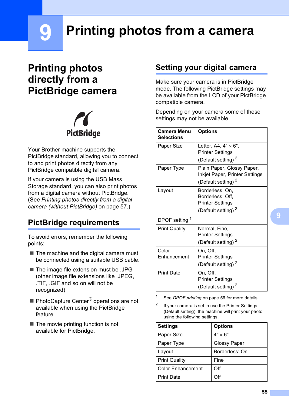 9 printing photos from a camera, Printing photos directly from a pictbridge camera, Pictbridge requirements | Setting your digital camera, Printing photos from a camera | Brother MFC-J615W User Manual | Page 61 / 79