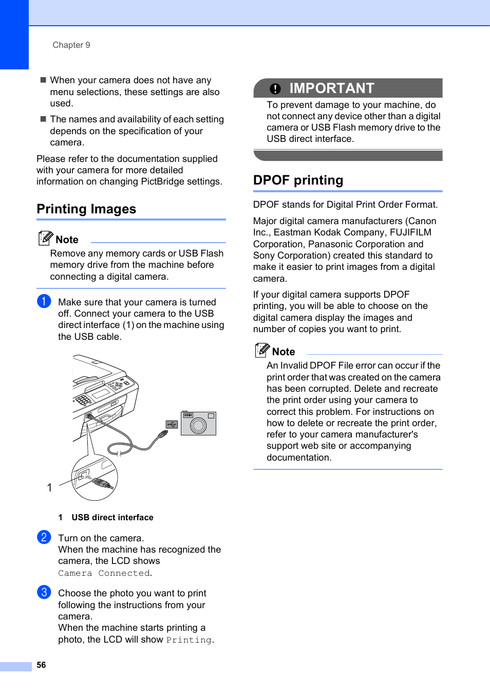 Printing images, Dpof printing, Printing images dpof printing | Important | Brother MFC-J615W User Manual | Page 62 / 79