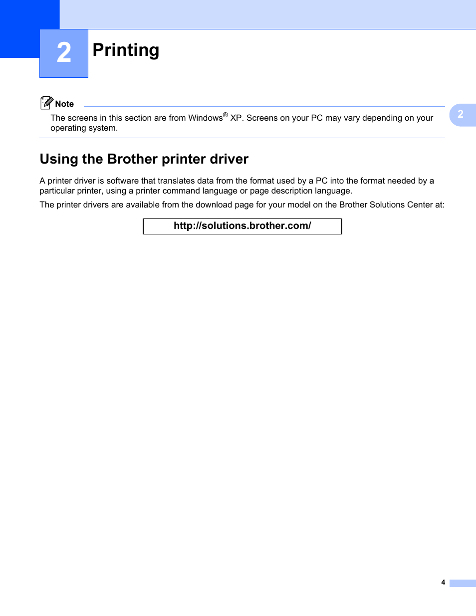 2 printing, Using the brother printer driver, Printing | Brother FAX-2840 User Manual | Page 9 / 86