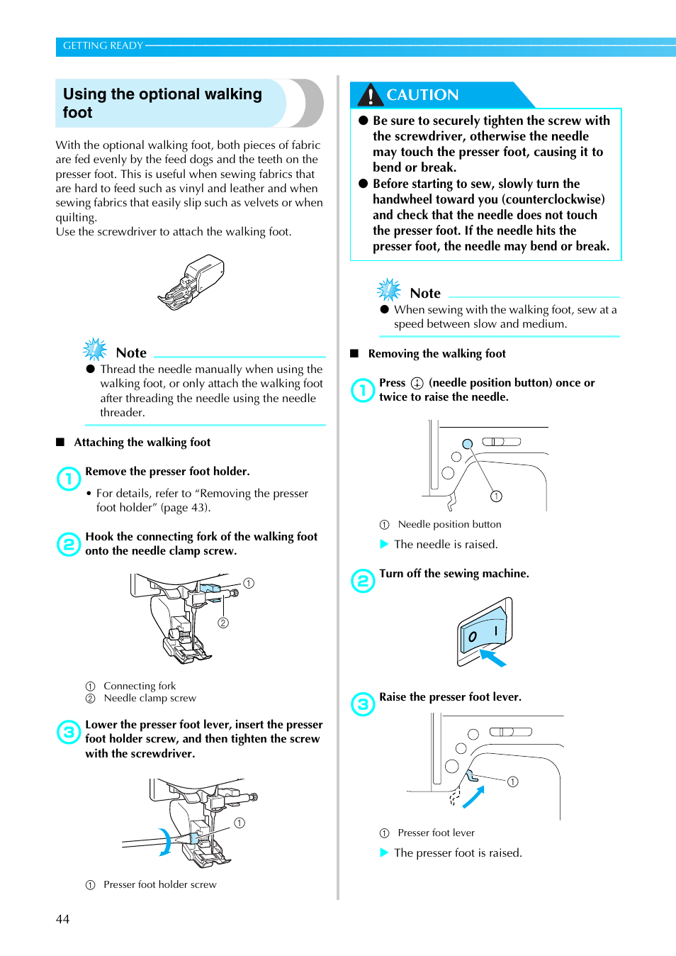Using the optional walking foot, Caution | Brother Innov-is 85e User Manual | Page 46 / 152