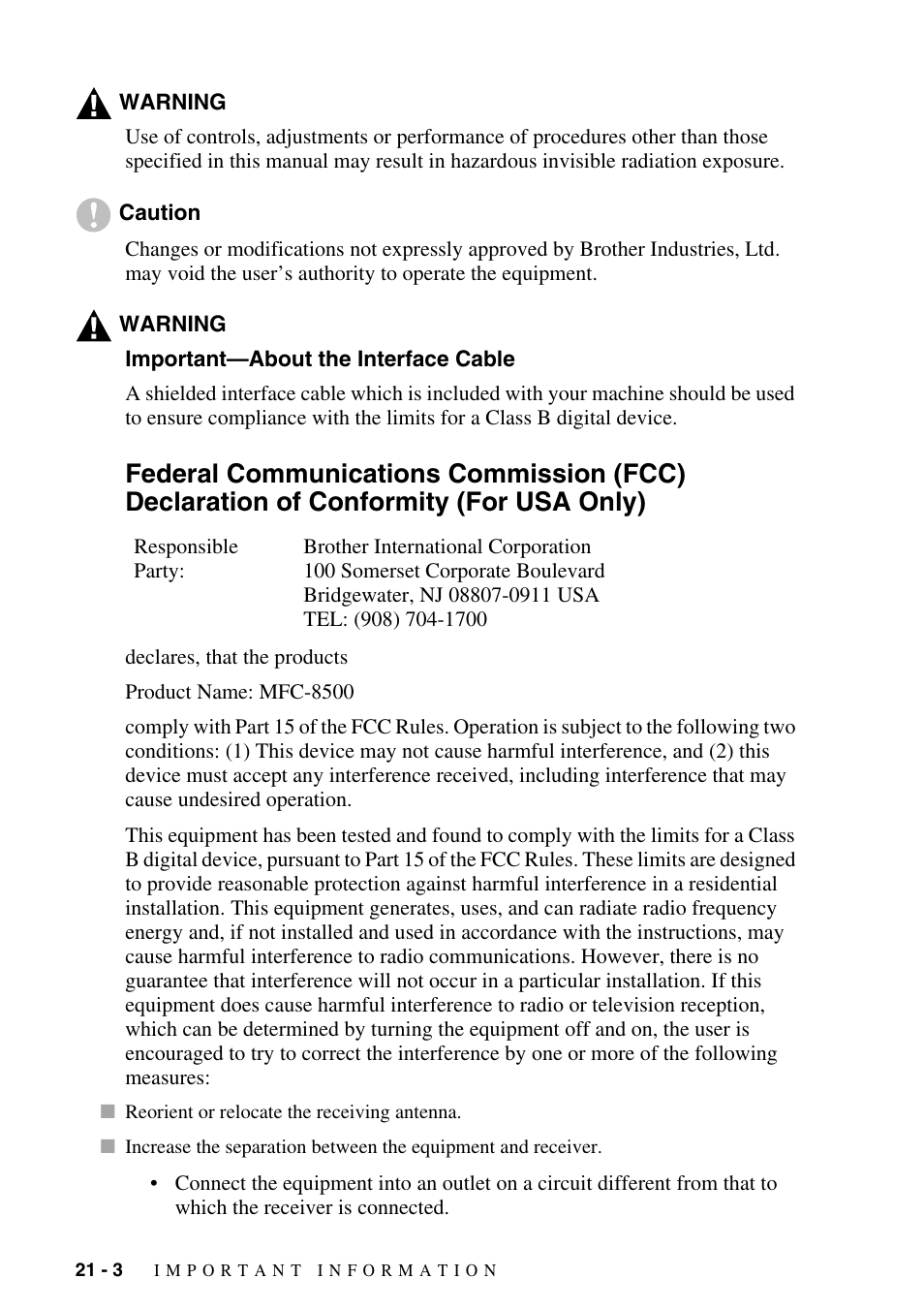 Important—about the interface cable, Important—about the interface cable -3, Federal communications commission (fcc) | Declaration of conformity (for usa only) -3 | Brother MFC-8500 User Manual | Page 190 / 234